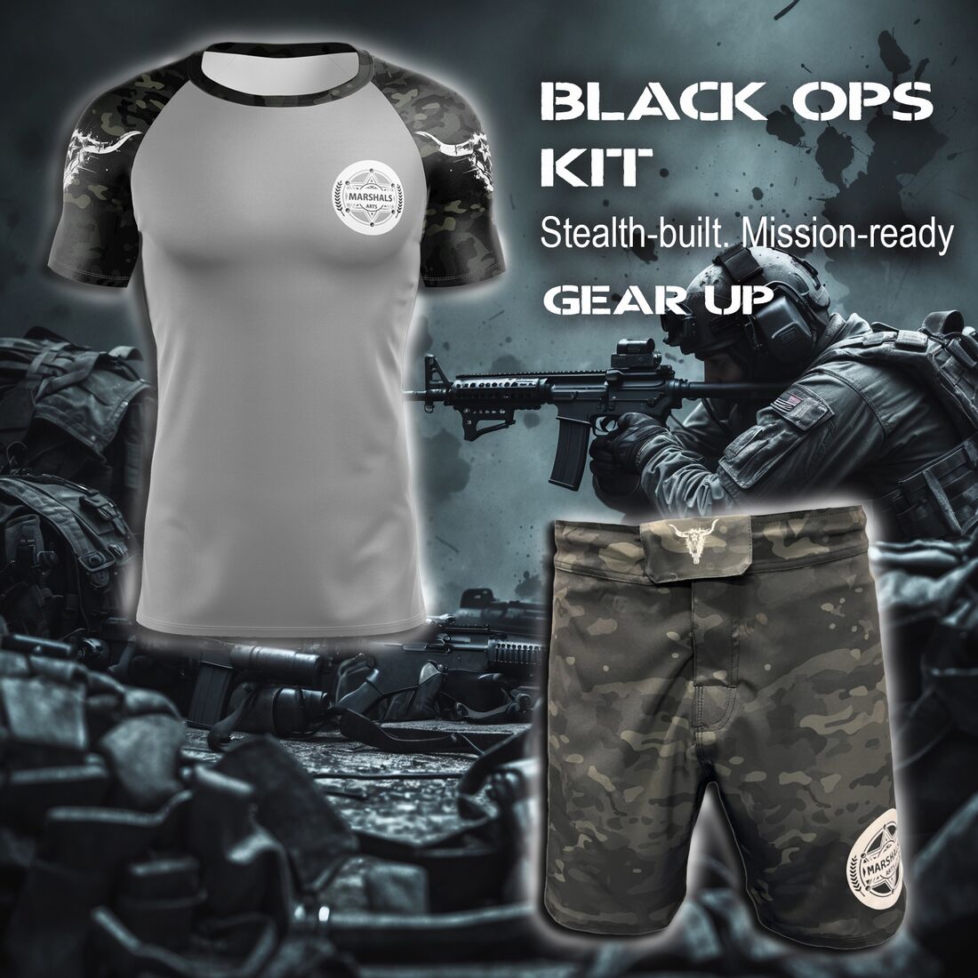 Black Ops Kit, rashguard and fight shorts