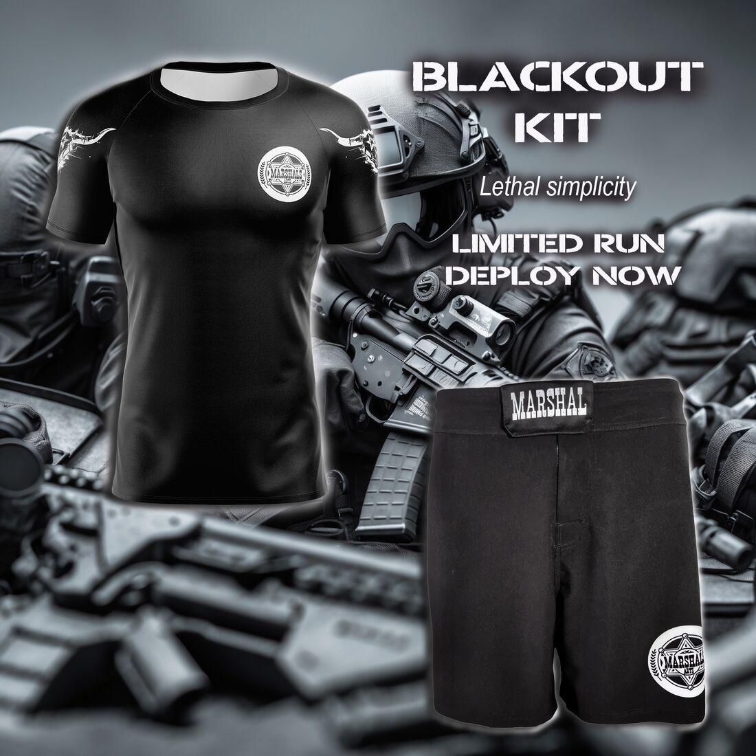 Blackout Kit, rashguard and fight shorts