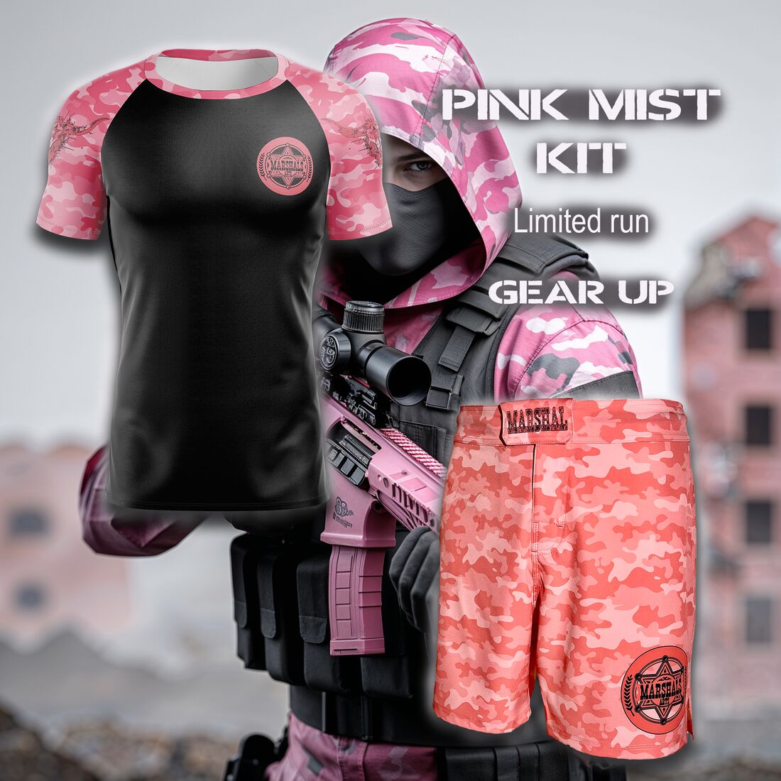Pink Mist Kit, rashguard and fight shorts